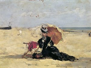ビーチで日傘をさした女性、1880年 作： Eugene Louis Boudin